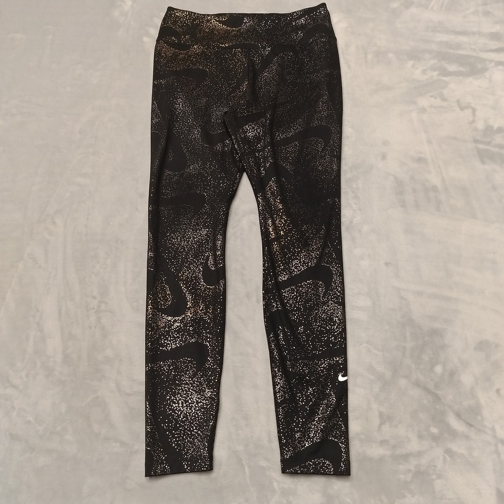 Nike Leggings Womens Medium Black Gold Metallic Swoosh Dri-Fit Activewear